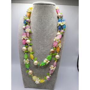 Vintage Floral Bead Necklace 42 in Pastel Lucite Flowers Faux Pearls